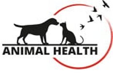 Logo von Animal Health mit Silhouetten eines Hundes und einer Katze, umgeben von fliegenden Vögeln und einem roten Halbkreis